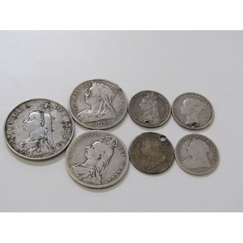 26 - Victorian silver: 1890 double florin, 1890/93 half crowns & shillings x 4 (3 x pierced), 71 grams in... 