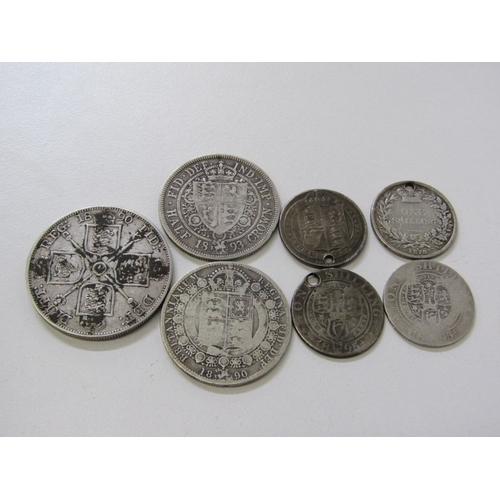 26 - Victorian silver: 1890 double florin, 1890/93 half crowns & shillings x 4 (3 x pierced), 71 grams in... 