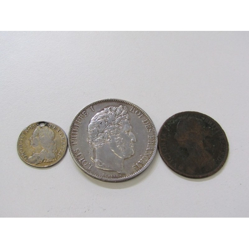 27 - 1844 Louis Philippe I silver 5 francs, 25 grams, 1757 George II silver sixpence (pierced) etc