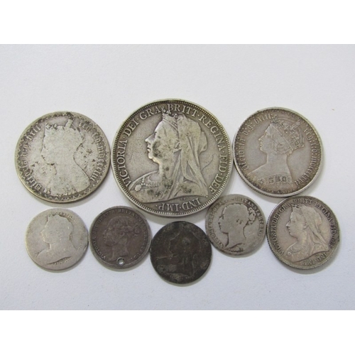 33 - 1895 Victoria silver crown, 1872/1853 ‘Gothic’ florins, 1893 shilling & sixpences x 4 (65 grams)