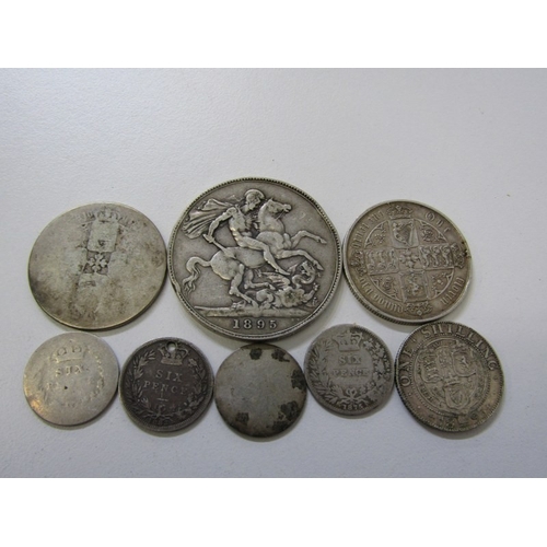 33 - 1895 Victoria silver crown, 1872/1853 ‘Gothic’ florins, 1893 shilling & sixpences x 4 (65 grams)