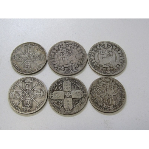 45 - Victorian silver:  1890/1891 halfcrowns, 1884 ‘Gothic’ florin, 1889 florins x 2, 1899 florin