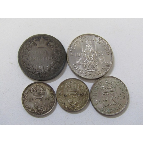 50 - Victorian silver shilling with a 1937 shilling in high grade; pre-1947 sixpence & threepences x 2; n... 