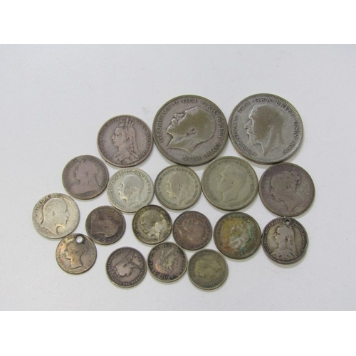 56 - Victorian silver shillings x 2, sixpence & threepences x 3 (17 grams) ; Pre-1947 silver half crowns ... 