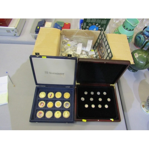 73 - A box of 20th century GB & World coins, all bagged & identified; wooden coin box with pre-1947 three... 