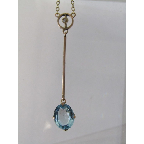 57 - VINTAGE 9ct GOLD PENDANT ON CHAIN, yellow gold drop pendant, set an oval blue stone, possibly topaz ... 