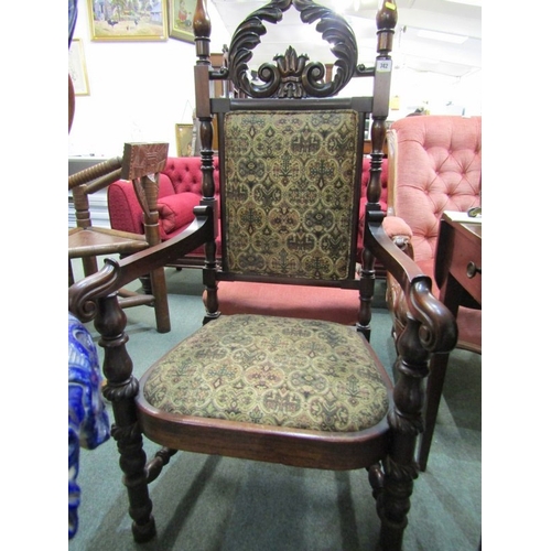 742 - 19th CENTURY THRONE CHAIR, foliate carved cresting with tapestry upholstery