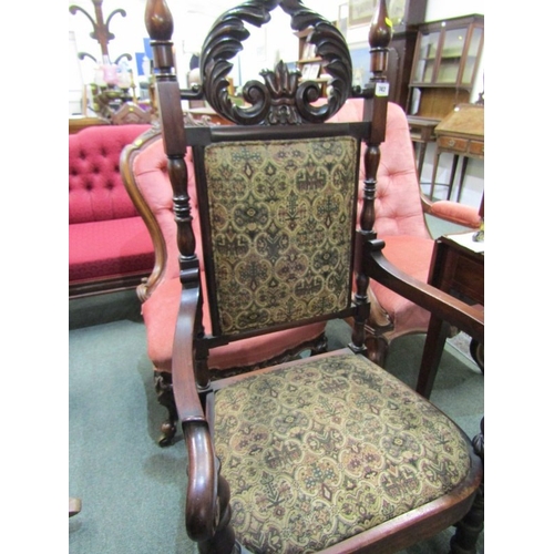 742 - 19th CENTURY THRONE CHAIR, foliate carved cresting with tapestry upholstery