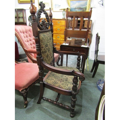 742 - 19th CENTURY THRONE CHAIR, foliate carved cresting with tapestry upholstery