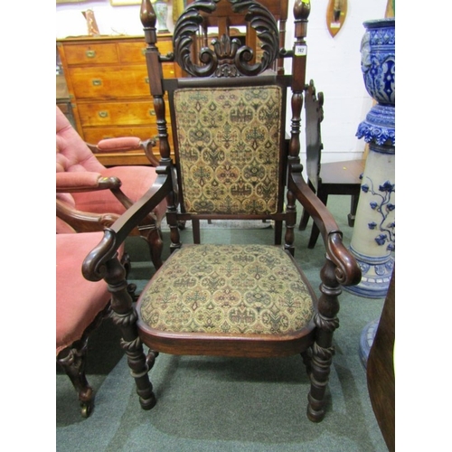 742 - 19th CENTURY THRONE CHAIR, foliate carved cresting with tapestry upholstery