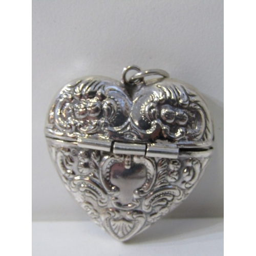 228 - SILVER HEART SHAPED VESTA/PENDANT with foliate engraved decoration, 3.5cm drop