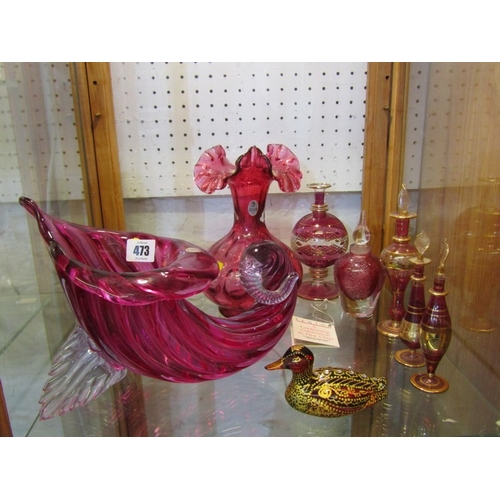 473 - CRANBERRY & RUBY GLASS, Cornucopia vase, Fenton Vase gilded duck paperweight, perfume bottles and co... 