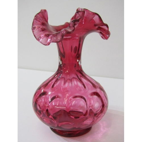 473 - CRANBERRY & RUBY GLASS, Cornucopia vase, Fenton Vase gilded duck paperweight, perfume bottles and co... 