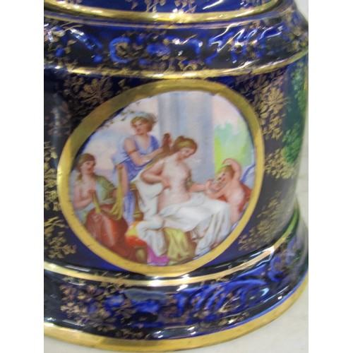 403 - LATE VICTORIAN POTTERY, twin gilt handled, lidded vase on plinth, royal blue ground with Kauffman-st... 