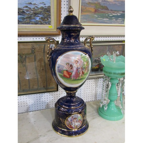 403 - LATE VICTORIAN POTTERY, twin gilt handled, lidded vase on plinth, royal blue ground with Kauffman-st... 