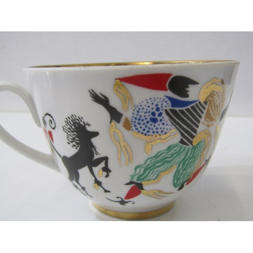 444 - RUSSIAN PORCELAIN, 2 Lomonosov porcelain cups and saucers, 1 depicting Russian dancers, other floral... 