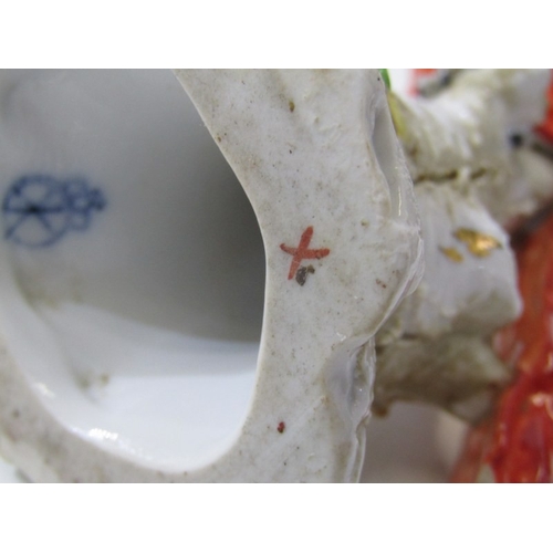 445 - HOCHST PORCELAIN, a parrot on branch, blue circular Hochst mark to base - possibly 18th Century (dam... 