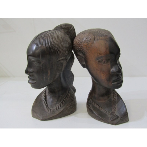 16 - ETHNIC CARVINGS, 2 carved African busts, face mask, etc