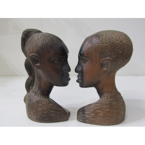 16 - ETHNIC CARVINGS, 2 carved African busts, face mask, etc