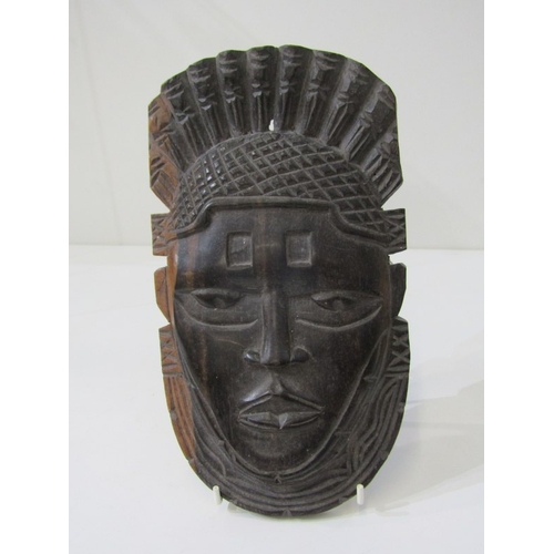 16 - ETHNIC CARVINGS, 2 carved African busts, face mask, etc