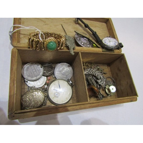 398A - SILVER & COSTUME JEWELLERY, wooden casket containing silver jewellery brooches and pendants, medalli... 