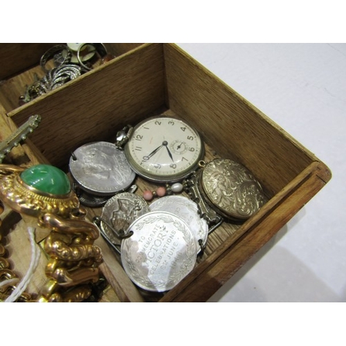 398A - SILVER & COSTUME JEWELLERY, wooden casket containing silver jewellery brooches and pendants, medalli... 