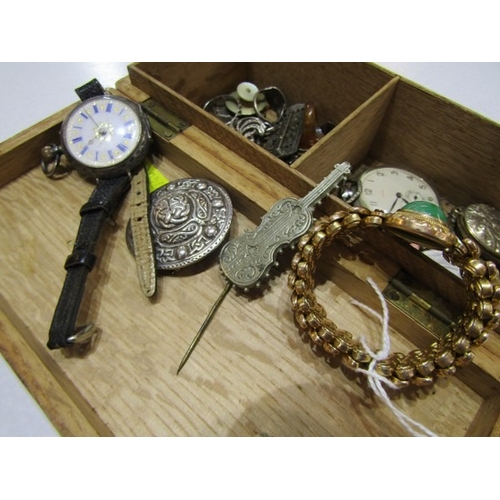 398A - SILVER & COSTUME JEWELLERY, wooden casket containing silver jewellery brooches and pendants, medalli... 