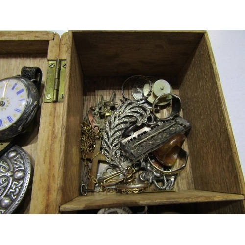 398A - SILVER & COSTUME JEWELLERY, wooden casket containing silver jewellery brooches and pendants, medalli... 