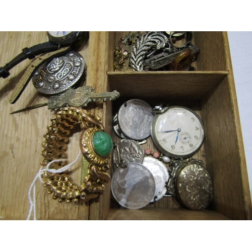 398A - SILVER & COSTUME JEWELLERY, wooden casket containing silver jewellery brooches and pendants, medalli... 