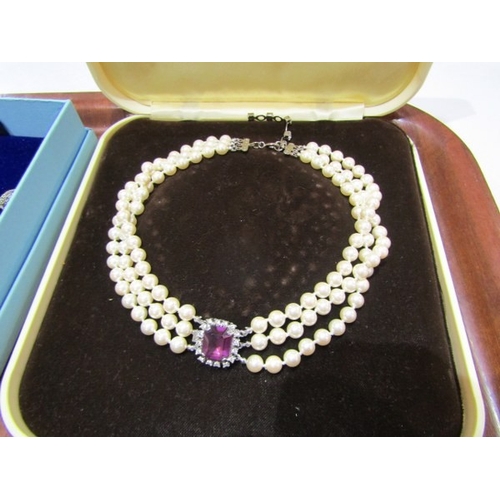 399A - COSTUME JEWELLERY, tray of costume jewellery, various items boxed, including faux pearls, plated nec... 