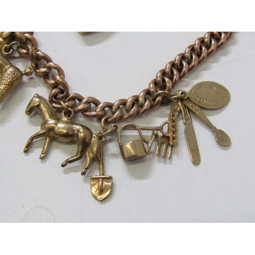 400 - GOLD CHARM BRACELET, 9ct yellow gold charm bracelet with padlock clasp, charms including a poodle, h... 