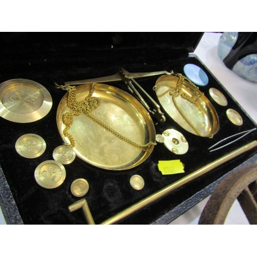 401 - BOTTLE JACK, vintage bottle jack together with boxed scales and weights and a gavel and stand