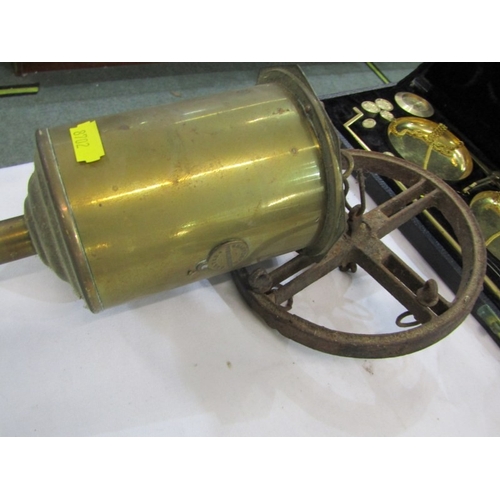 401 - BOTTLE JACK, vintage bottle jack together with boxed scales and weights and a gavel and stand