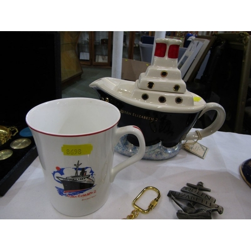 402 - MARITIME SOUVENIR WARE, QEII souvenir novelty tea pot, plate and other ephemera