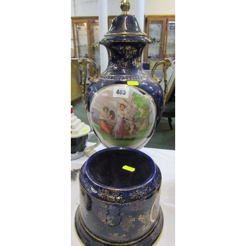 403 - LATE VICTORIAN POTTERY, twin gilt handled, lidded vase on plinth, royal blue ground with Kauffman-st... 
