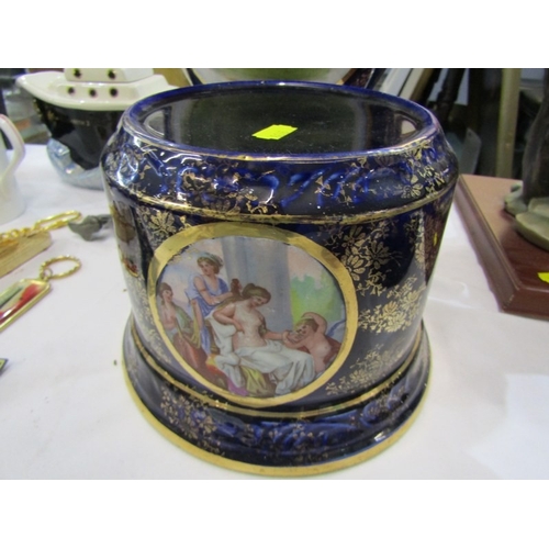 403 - LATE VICTORIAN POTTERY, twin gilt handled, lidded vase on plinth, royal blue ground with Kauffman-st... 