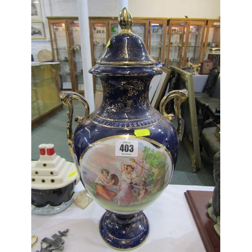403 - LATE VICTORIAN POTTERY, twin gilt handled, lidded vase on plinth, royal blue ground with Kauffman-st... 