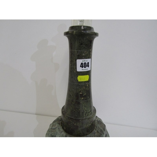 404 - SERPENTINE LIGHTHOUSE LAMP, a Cornish serpentine lamp on rocky base, height 38cm
