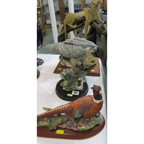 405 - ANIMAL AND BIRD ORNAMENTS, tigers on a tree base, together with a pheasant by Russell Willis and and... 