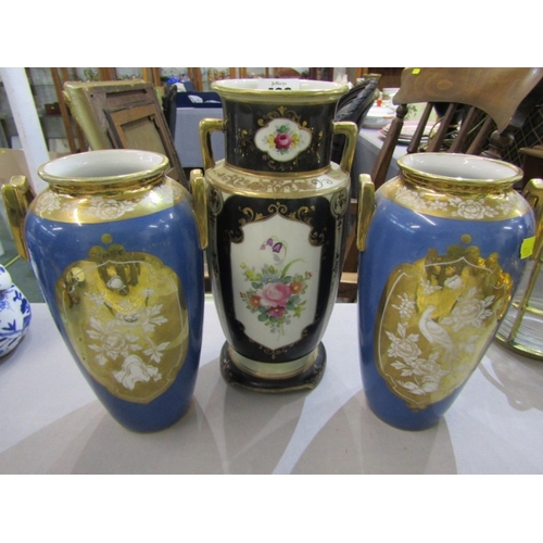 408 - NORITAKE CERAMIC, pair of blue ground Noritake vases marked to base, together with a similar floral ... 
