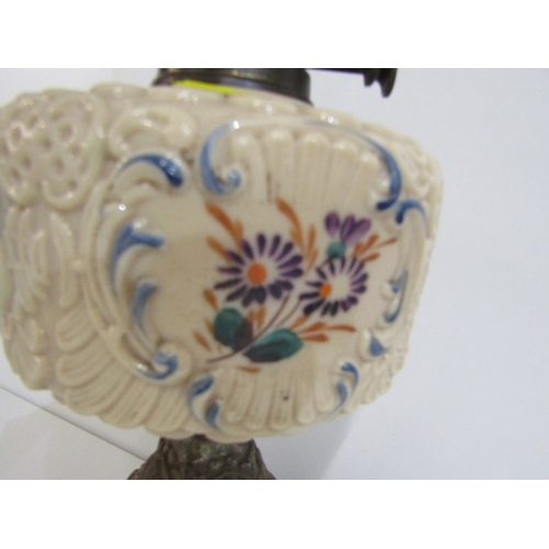 411 - VICTORIAN OIL LAMP, cast metal based oil lamp with glass central reservoir and glass chimney. Height... 