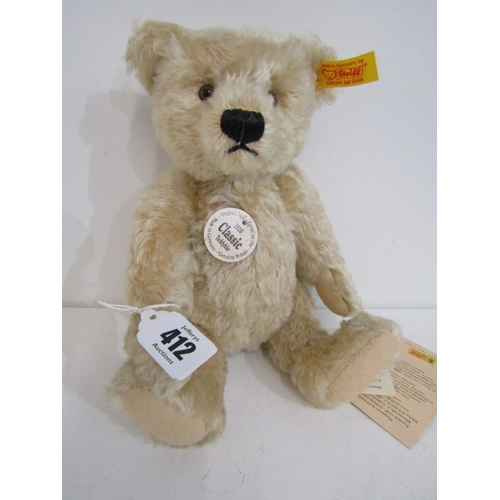 412 - STEIFF TEDDIES, 2 Steiff teddy bears; blonde classic 1920 teddy bear, no 000645 and black Original b... 