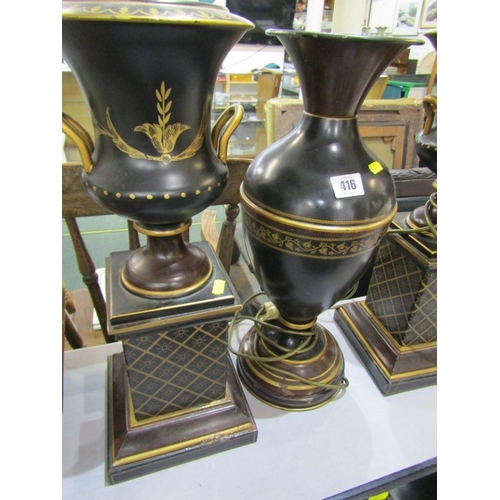 416 - TABLE LAMPS, a pair of metal table lamps depicting urns on pedestal bases with floral decoration and... 