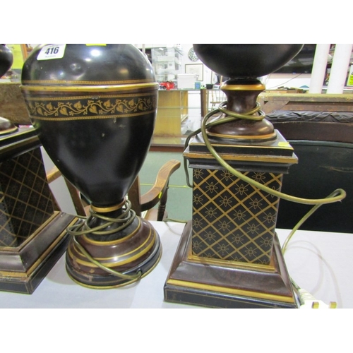 416 - TABLE LAMPS, a pair of metal table lamps depicting urns on pedestal bases with floral decoration and... 