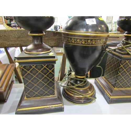 416 - TABLE LAMPS, a pair of metal table lamps depicting urns on pedestal bases with floral decoration and... 