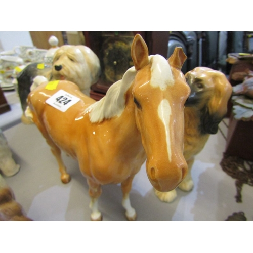 424 - BESWICK HORSE, a model of a Beswick Horse (damaged ear) together with 4 various pottery dog ornament... 