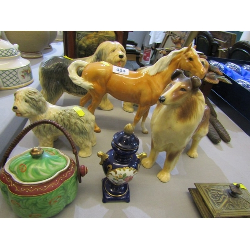 424 - BESWICK HORSE, a model of a Beswick Horse (damaged ear) together with 4 various pottery dog ornament... 
