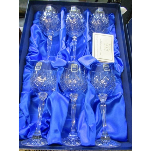 427 - GLASSWARE, a Royal Scot Crystal boxed decanter and stopper together with a boxed set of 6 glasses
