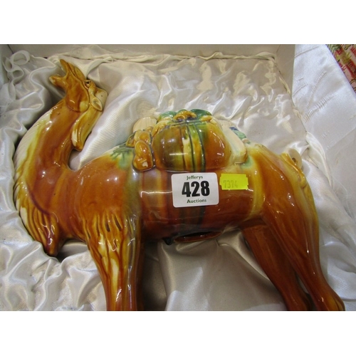 428 - BOXED ORIENTAL POTTERY CAMEL, Tang style camel figure in 1960s retail box