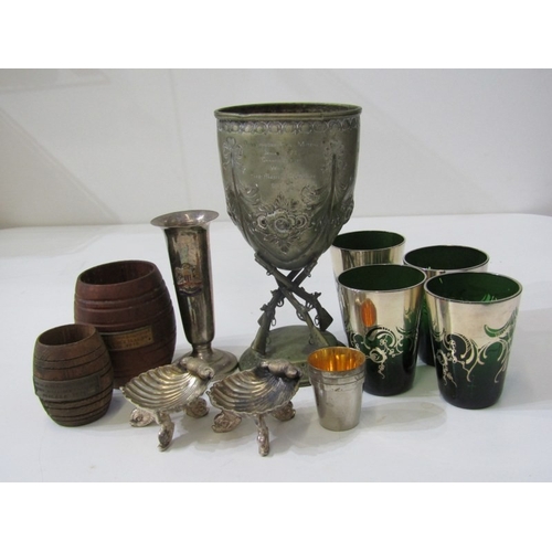 430 - PLATED SALTS, pair of plated shell form salts with dolphin supports, 3 plated tots, 4 green glass tu... 